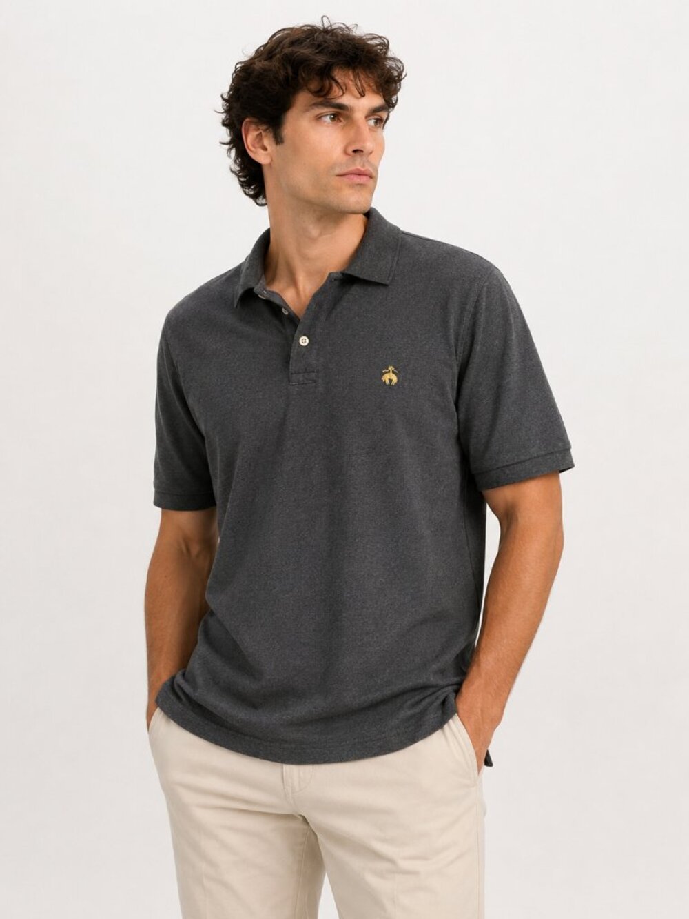 Brooks Brothers 1818 Polo Shirt XXL Gray Gold Logo 100% Cotton Short Sleeve